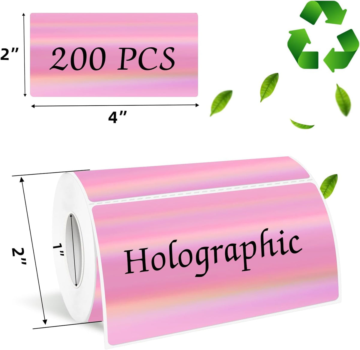 2x4 Inch Holographic Thermal Labels, Pink Direct Thermal Stickers Label, Self-Adhesive Glitter Thermals Printer Sticker Labels, Perforation Line Design- 200Pcs/ 1 Roll