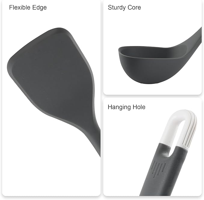 Silicone Kitchen Cooking Utensils Set: MOACC Heat Resistant 13inch Long Kitchen Gadgets, BPA Free Non Stick Rubber Cook Accessories For Food Prep, Frying, Serving, Basting (Dark Grey)