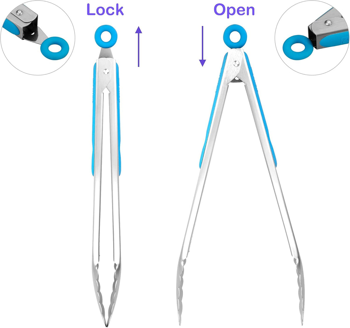 304 Stainless Steel Kitchen Cooking Tongs, 12" and 14" Set of 2 Sturdy Grilling Barbeque Brushed Locking Food Tongs with Ergonomic Grip, Blue