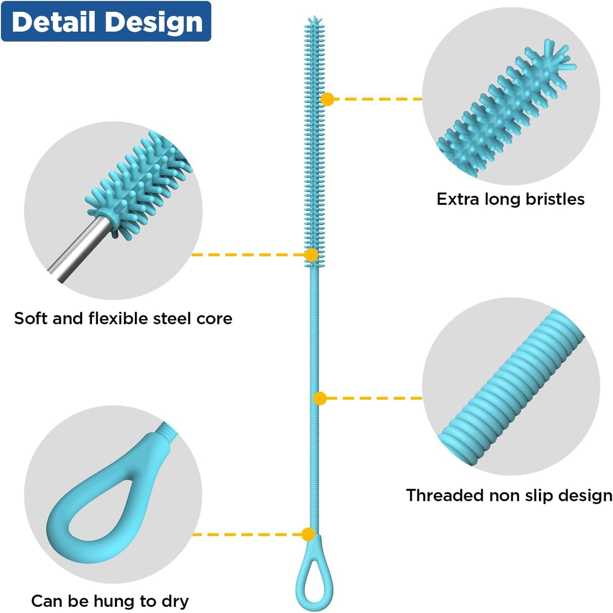 YOTIME Silicone Straw Cleaner Brush, 2Pcs Reusable Straw Brush Extra Long for Cleaning Tumbler with Handle and Glass Metal Smoothie Straws, Non-slip Handle Soft and Bendable, 6mm+9mm, Blue