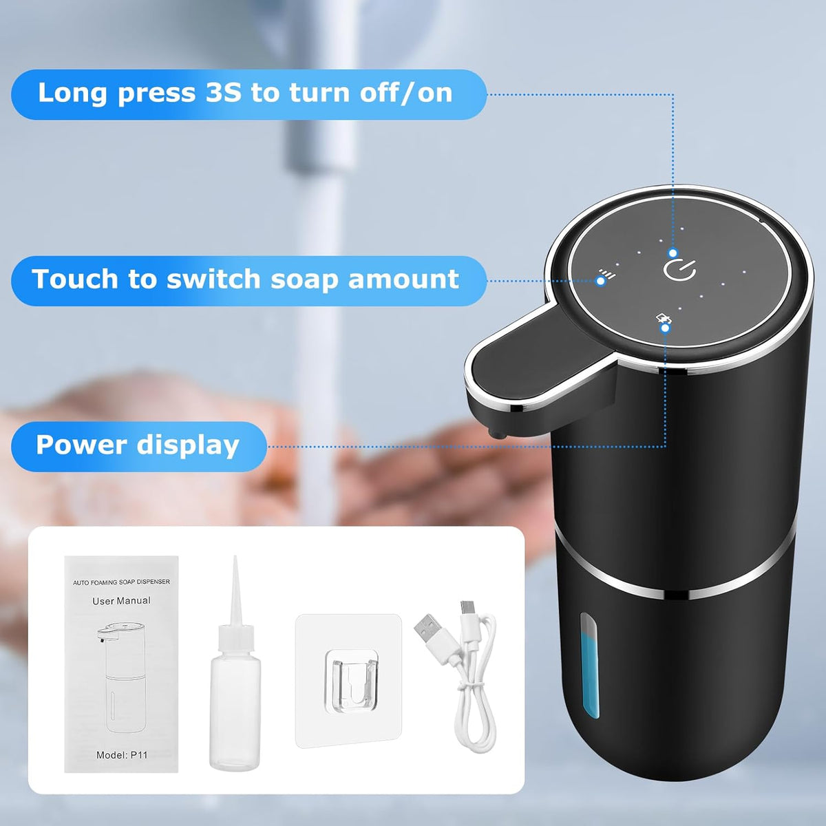 2 Pack Automatic Soap Dispensers,12.8oz/380ml USB Touchless Automatic Foaming Soap Dispenser,Rechargeabled Wall Mounted Smart Soap Dispenser for Bathroom Kitchen Dish Soap(Black)