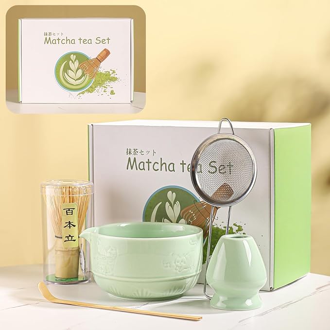 Matcha Tea Set, 5-Piece Ceramic Matcha Bowl & Whisk Kit with Cute Cat Pattern, Traditional Japanese Chawan, Scoop & Sifter, Perfect for Tea Ceremony, Gift for & Tea Lovers (green)