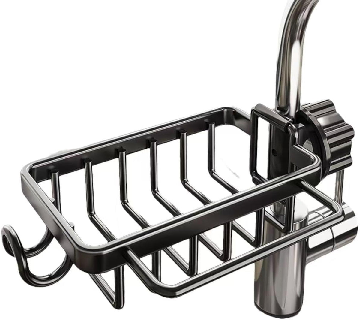 Kitchen Sink Faucet Organizer, Dish Sponge Holder Over Faucet Kitchen Sink Caddy Organizer with Hook for Bathroom, Scrubbers, Soap, Work with 0.7-1.1inch Round Water Pipe (Black,Left)