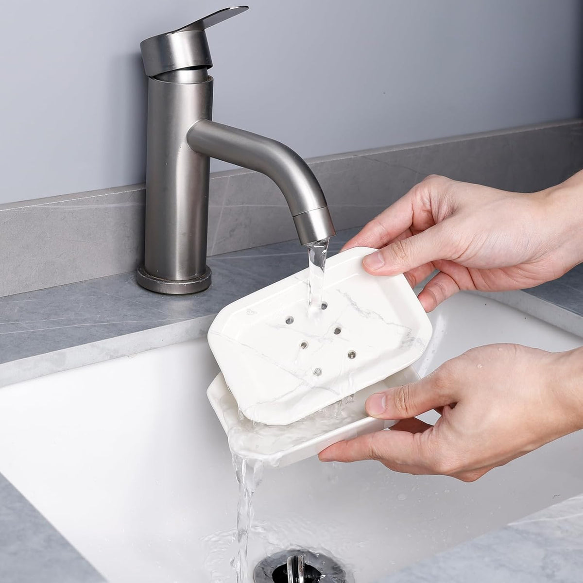 Soap Dish, Ceramic Self-draining Soap Holder, Double Layer Bar Soap Holder with Drain, Soap Dishes for Bathroom Shower Kitchen, Easy to Clean Keep Soap Dry, Off-white with Marble Pattern, ANTIS'S HOME