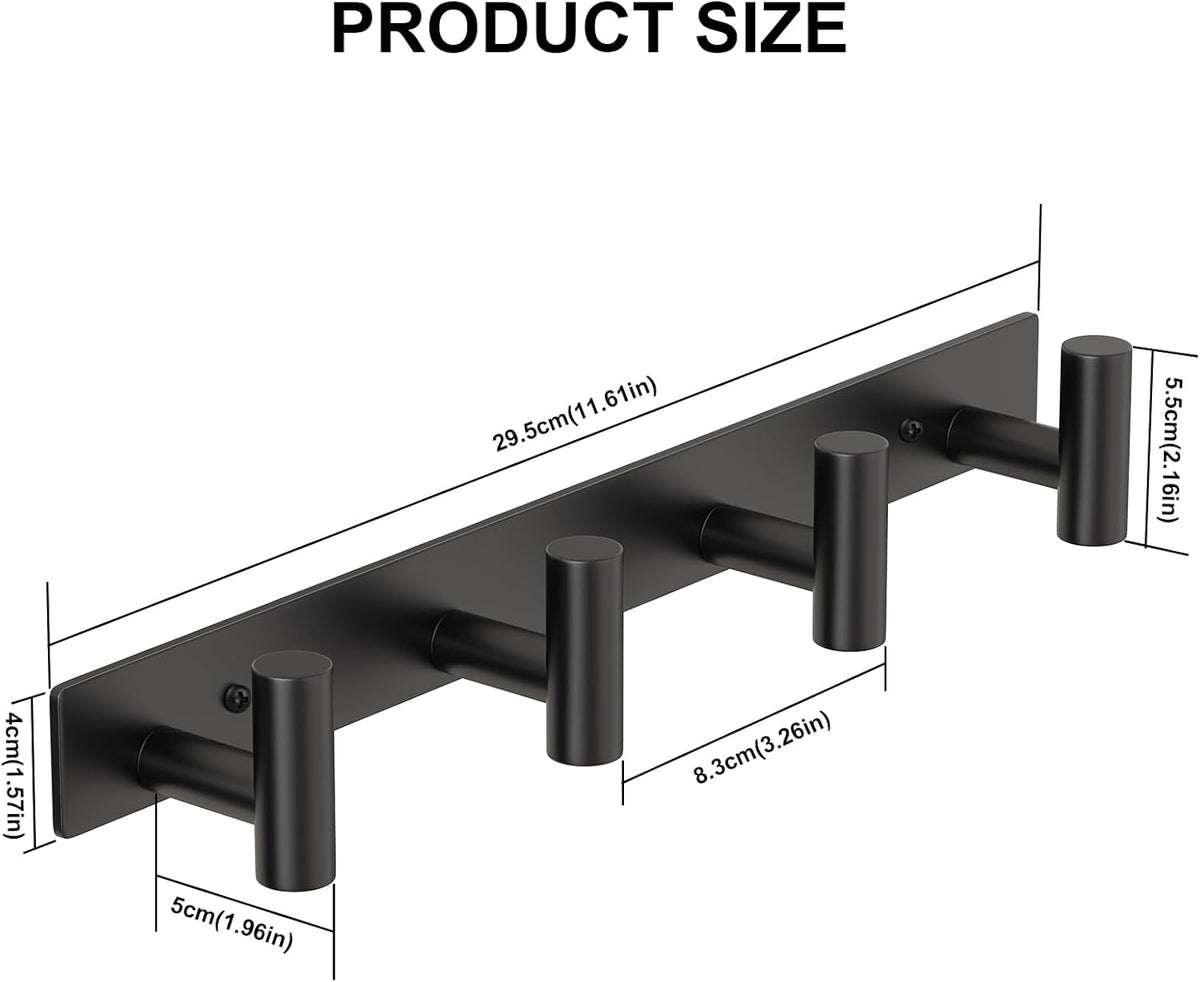 PMMASTO Coat Rack Wall Mounted, 4 "T Shaped Wall Hooks for Hanging, Heavy Duty Stainless Steel Coat Hook Rail for Hat Towel Robes in Bathroom Kitchen Mudroom Entryway (Black, 2PC)