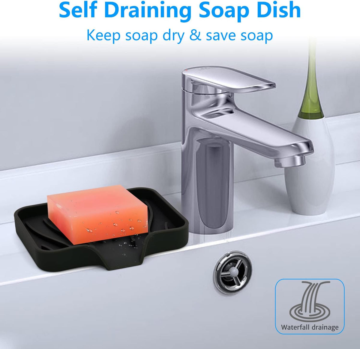 3-Pack Silicone Soap Dish, Sponge Holder for Sink, Kitchen Soap Tray, Bathroom Soap Holder, Sponge Tray with Drain (Black)