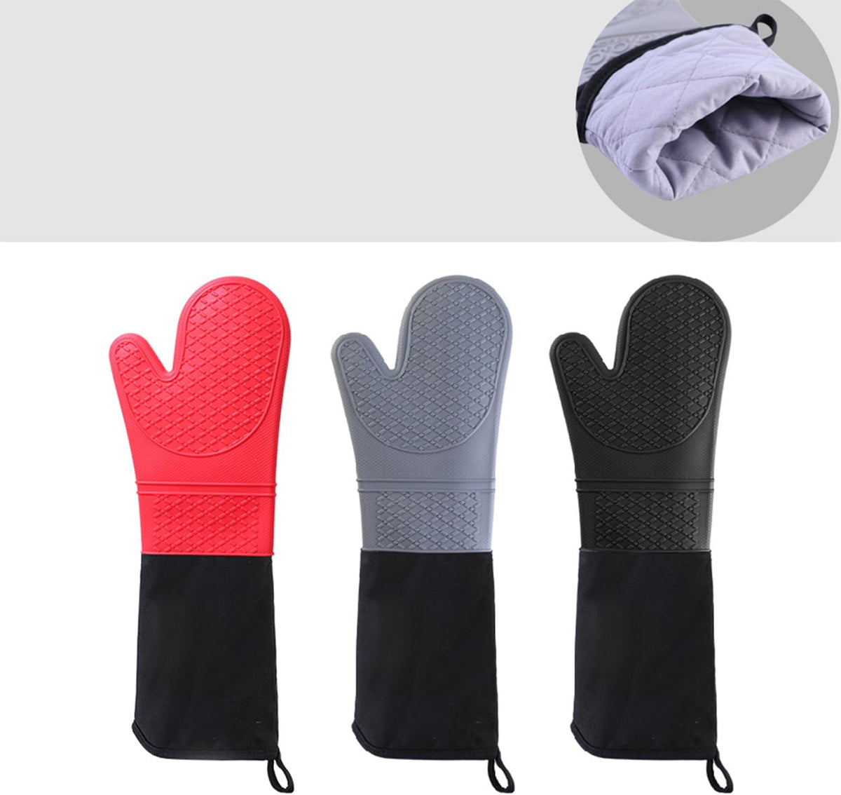 Extra Long Silicone Oven Mitts Heavy Duty Commercial Grade Oven Mitts Heat Resistant BBQ Gloves with Quilted Cotton Lining 2 Pack (Black)