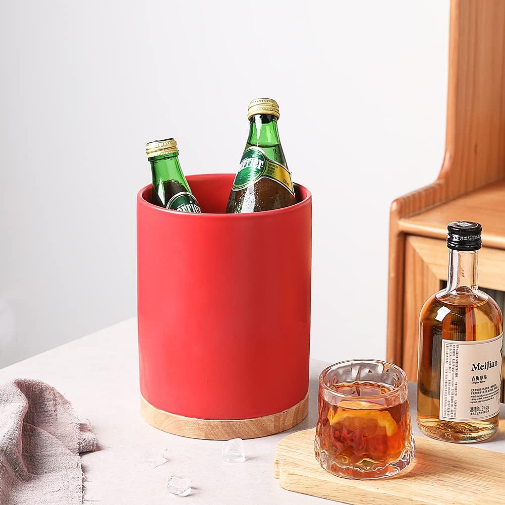 Sweejar Kitchen Utensil Holder with Wooden Bottom, 8.2" Ceramic Utensil Crock to Hold Spatulas for Cooking Countertop, Housewarming, Wedding, Birthday Gift (Red)