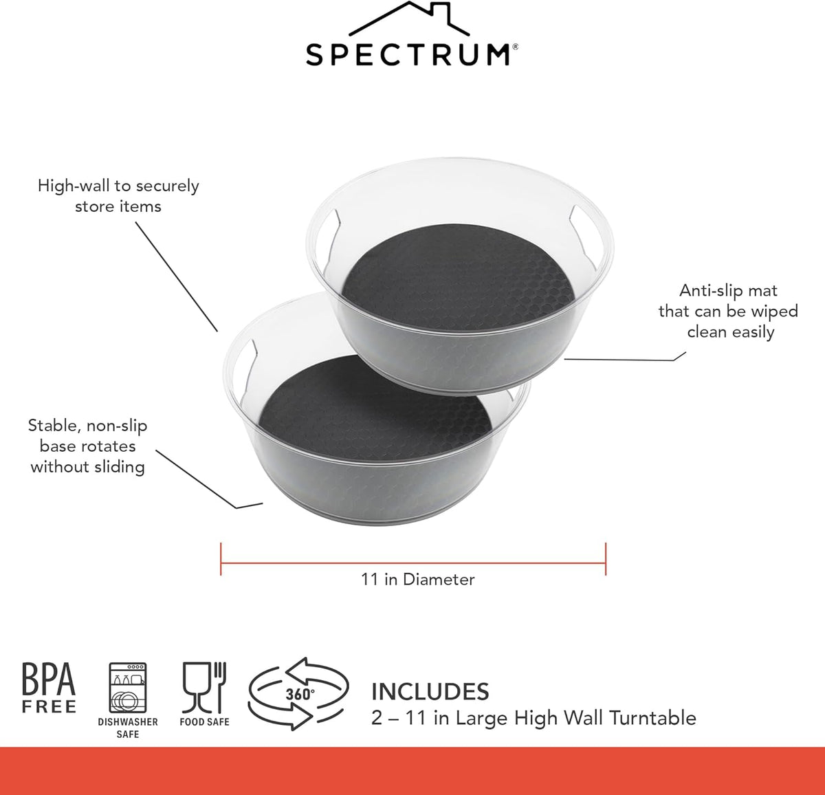 Spectrum Extra Large High Wall Turntable 12.25 in Pack of 2 Charcoal Gray XL Tall Lazy Susan Rotating Organizer for Kitchen Countertop Bath Cabinet Refrigerator Pantry Shelf Under Sink Organization
