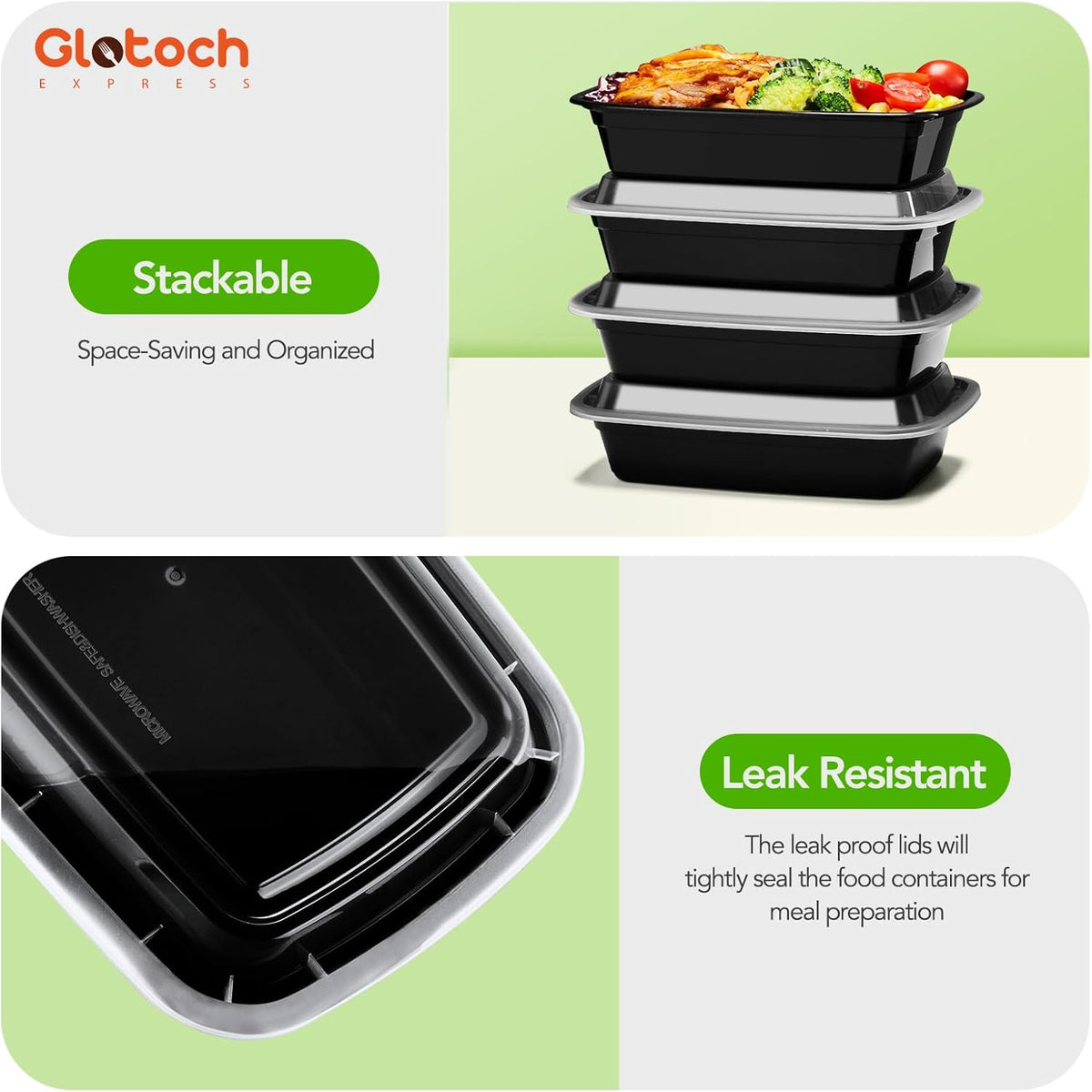 Glotoch 34oz Meal Prep Containers, 10 Pack (20-Piece) Reusable Food Prep Containers with Lids Microwave, Freezer, Dishwasher Safe Leakproof Durable Plastic Food Storage Lunch Box To Go Take Out