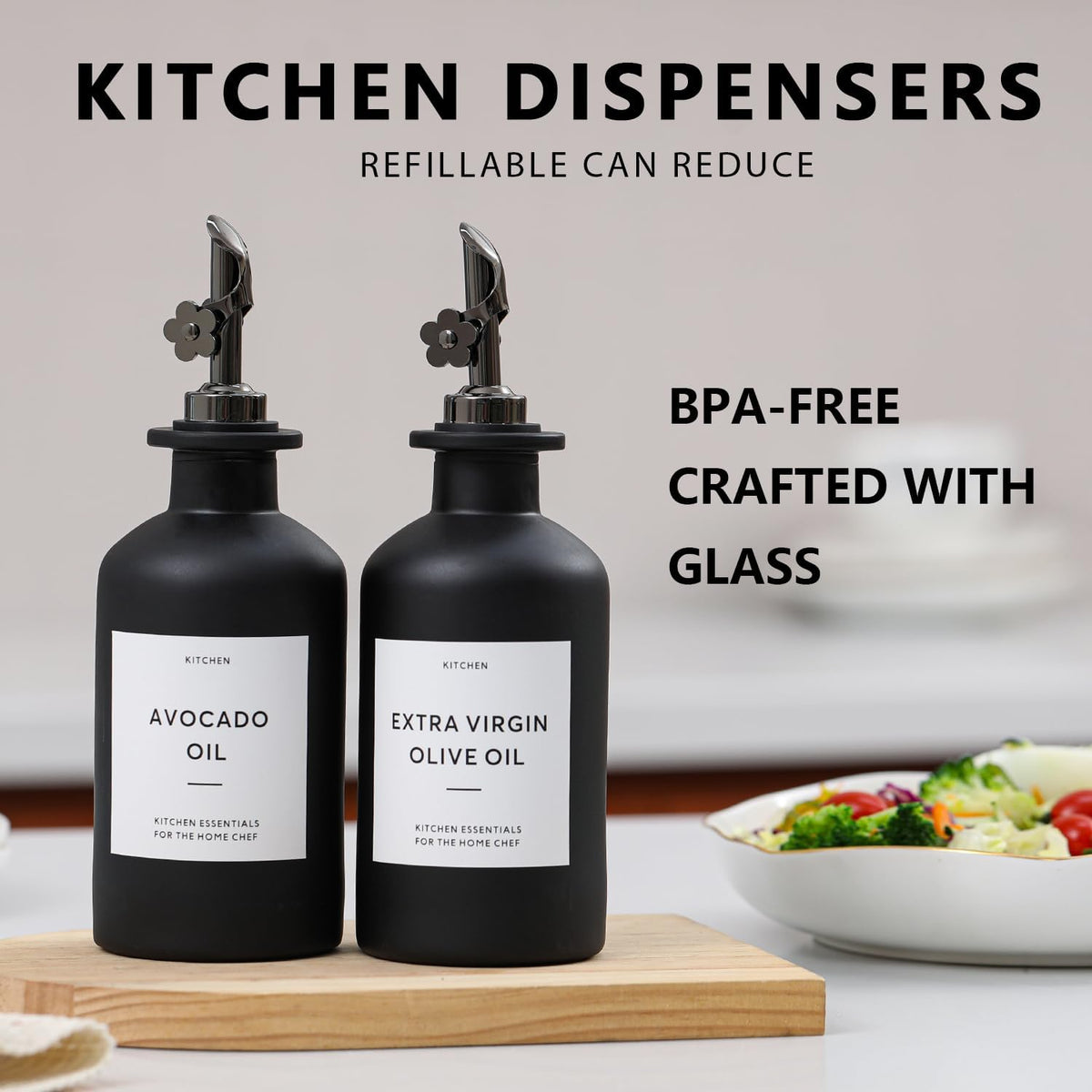 HOMCDALY Olive Oil Dispenser for Kitchen, 11.8oz Glass Kitchen Dispenser Bottle, Black Oil&Vinegar Cruet Set, Leakproof Olive Oil Bottles | Set of 2 (11.8oz – Black)