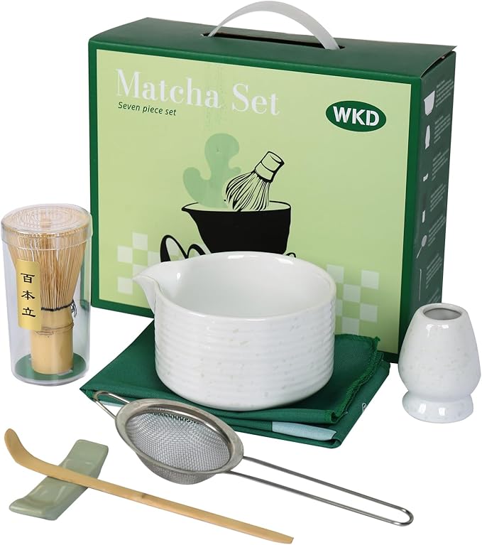 Matcha Bowl Set, Matcha Whisk and Holder, Stainless Sifter & Bamboo Scoop, Towel, 7 PCS Matcha Starter Kit for Matcha Lovers, White