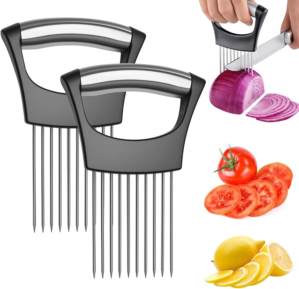 Onion Holder for Slicing, Stainless Steel Onion Slicer and Chopper, Lemon Slicer Vegetable Cutter Kitchen Tool, Food Slicing Assistant for Meat, Tomato, Potato, Lemon (2 Pack)