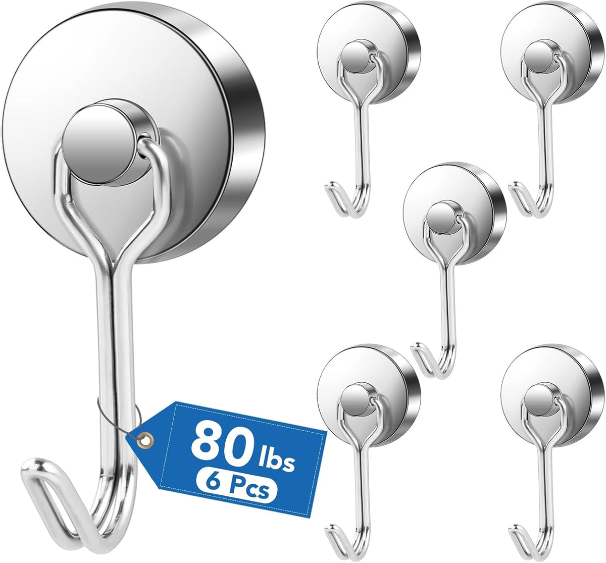 LOVIMAG Hooks, 80lbs+ Magnetic Magnet Hook 2025 Cruise Cabin Ship Essentials Heavy Duty Strong Refrigerator Fridge Hanging for Classroom Beach Vacation Kitchen Grills Home Mug Hanger (6 Pack), Silver