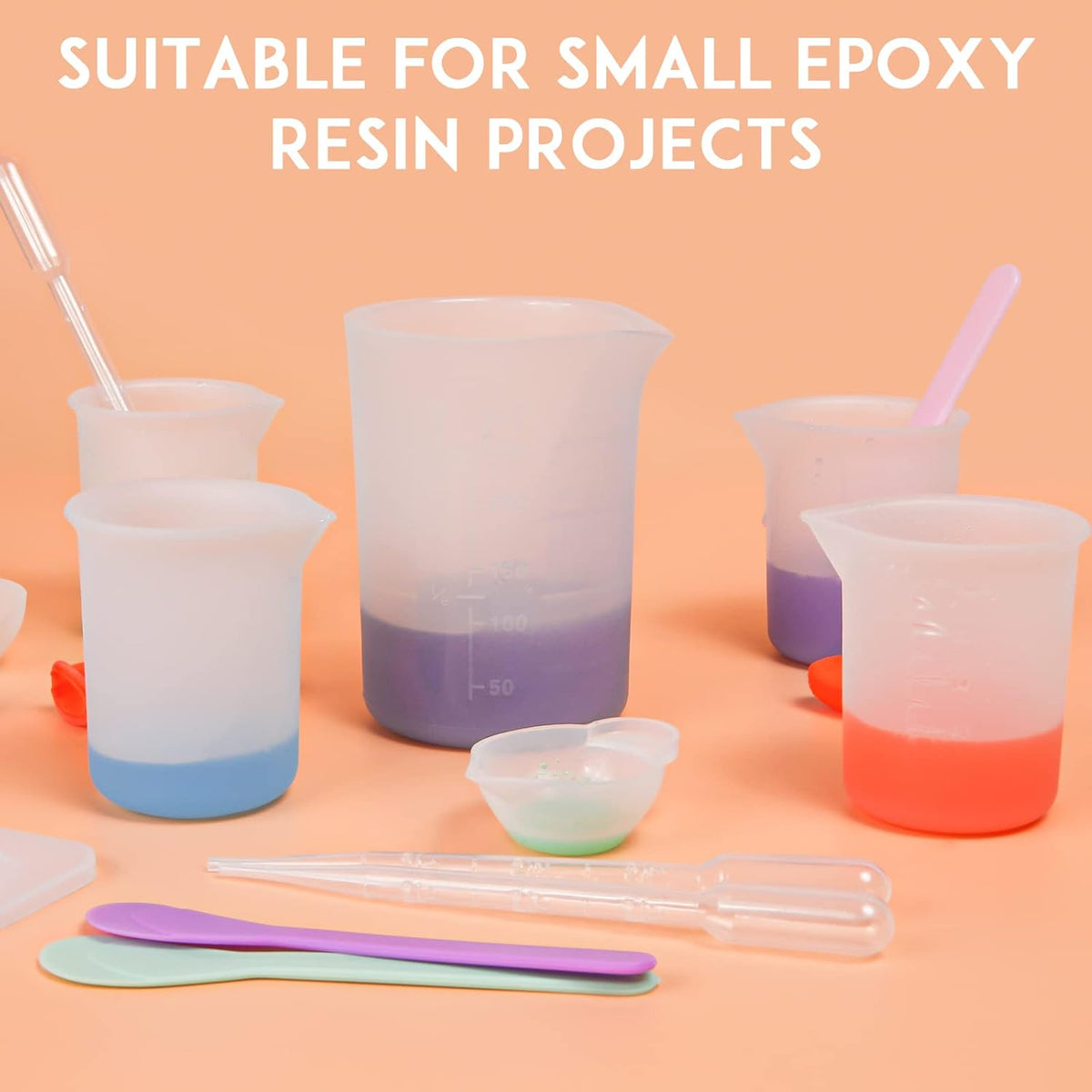 Silicone Resin Measuring Cups Tool Kit, Non-Stick Silicone Cups for Epoxy Resin, Reusable 250&100ml Silicone Mixing Cups with Stir Sticks, Pipettes, Epoxy Resin Supplies, Molds, Jewelry Making