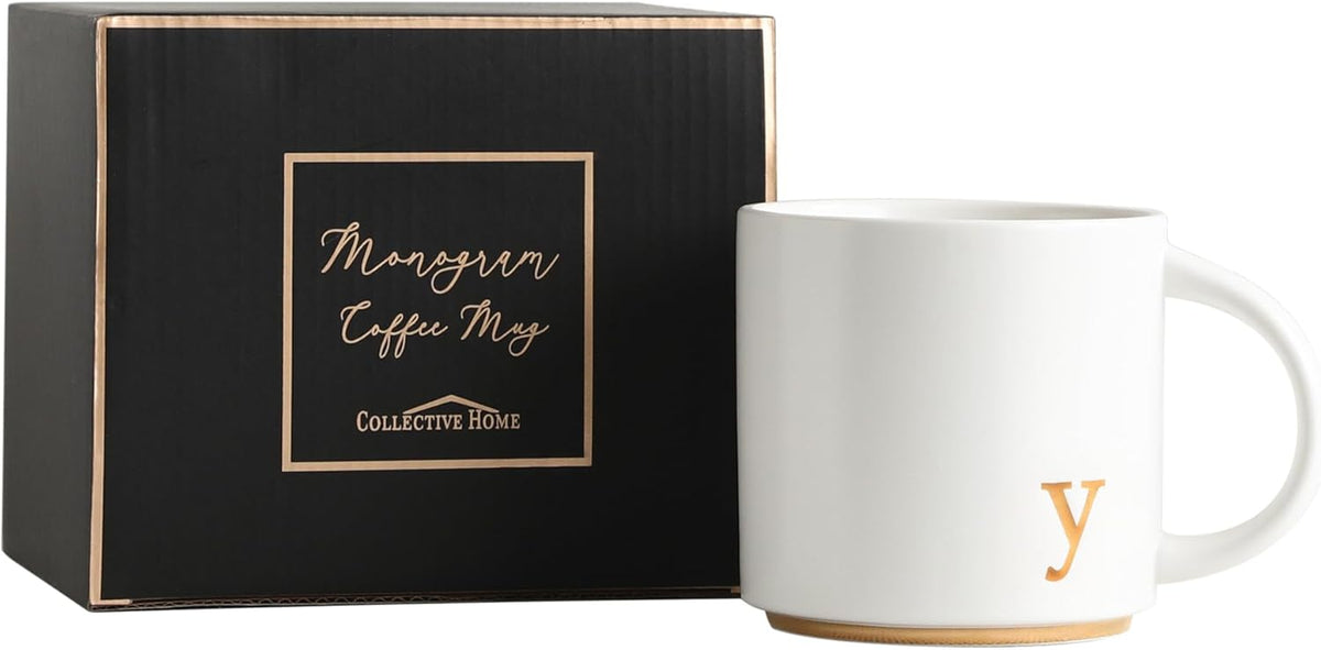 COLLECTIVE HOME - Monogram Ceramic Mugs, 15 oz Golden Initial Coffee Cups, Elegant Alphabet Tea Mugs, Elegant Personalized Mug with Gift Box, Luxurious Cups for Office and Home (y)