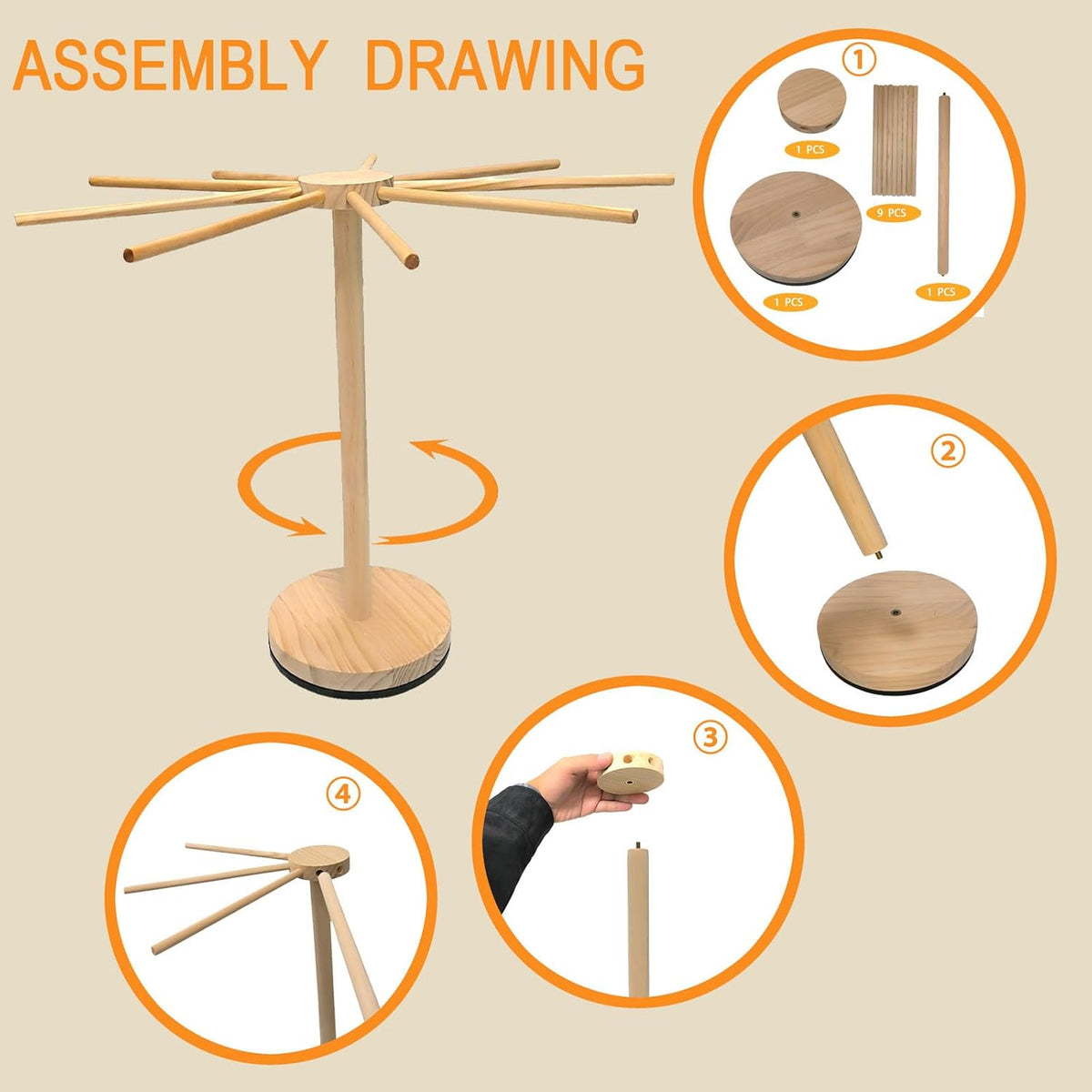 Pasta Drying Rack,Wooden Pasta Dryer Rotatable Collapsible Drying Rack with 9 Rods Quickly Assemble, Fresh Pasta Noodle Spaghetti Dryer Hanger Stand, Easy to Assemble and Store