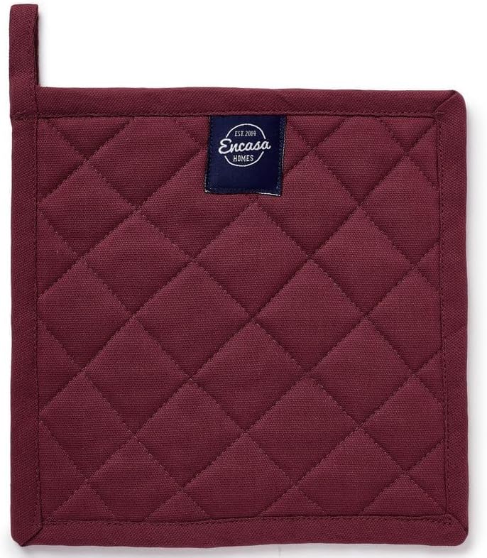 Encasa XO Heat Resistant Cotton Pot Holders with Hanging Loop - Set of 2 - Maroon - Multipurpose Quilted Everyday Hot Pad for Kitchen, Camping, BBQ & Microwave - 8x8 in