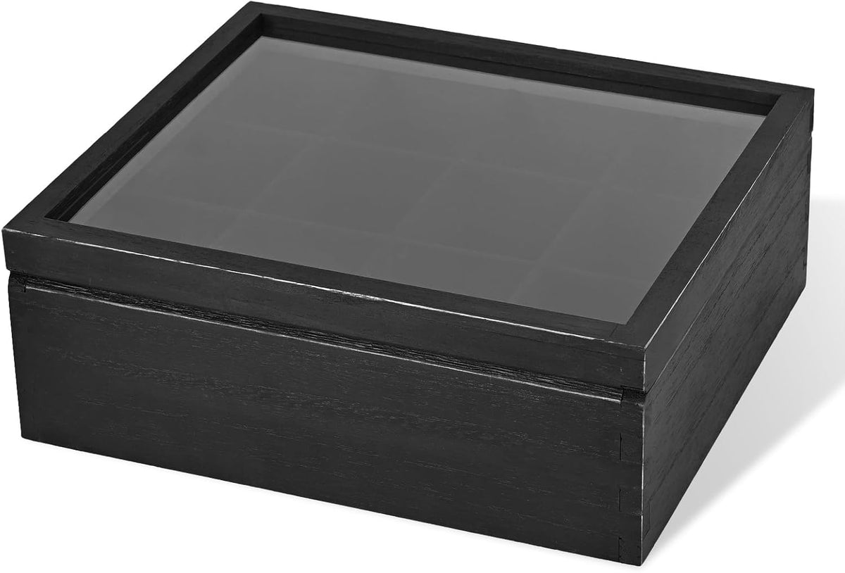 Wood Big Black Tea Bag Organizer Storage Box 12-Compartment Multi-Functional Box,Vintage Tea Case.