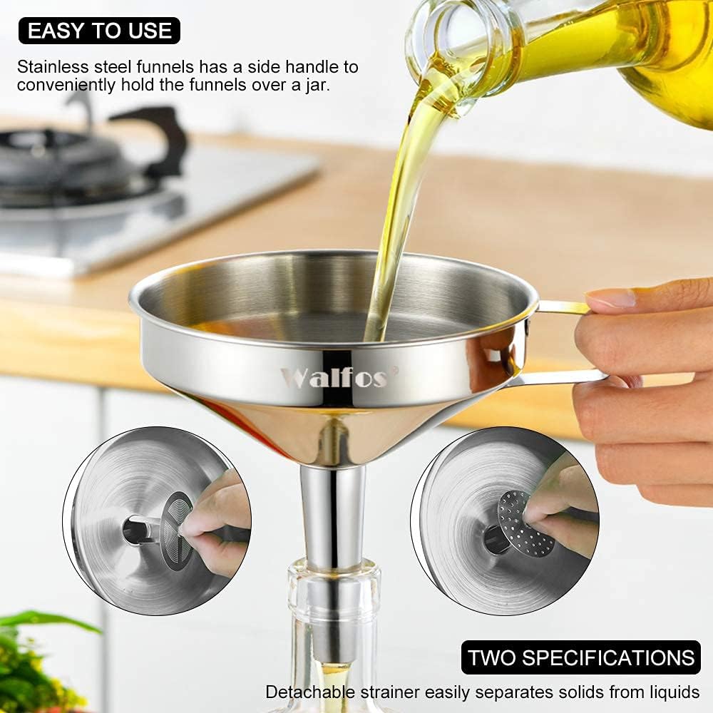 Stainless Steel Funnel, Walfos Kitchen Funnel with 2 Removable Strainer ＆ 1Pc Cleaning Brush, Perfect for Transferring of Liquid, Oils, Jam, Dry Ingredients & Powder (4.1")