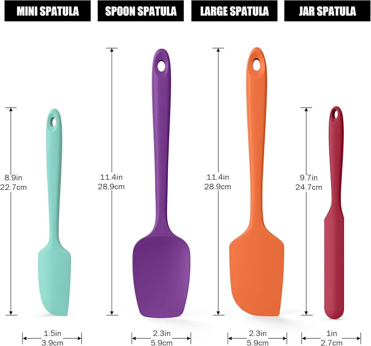 4-Piece Silicone Spatula Scrapers: Doosu 600°F Heat Resistant Food Grade Kitchen BPA Free Rubber Baking Cooking Tool Nonstick Utensil Set for Mixing, Scraping, Folding, Stirring, Serving (Multi-5)