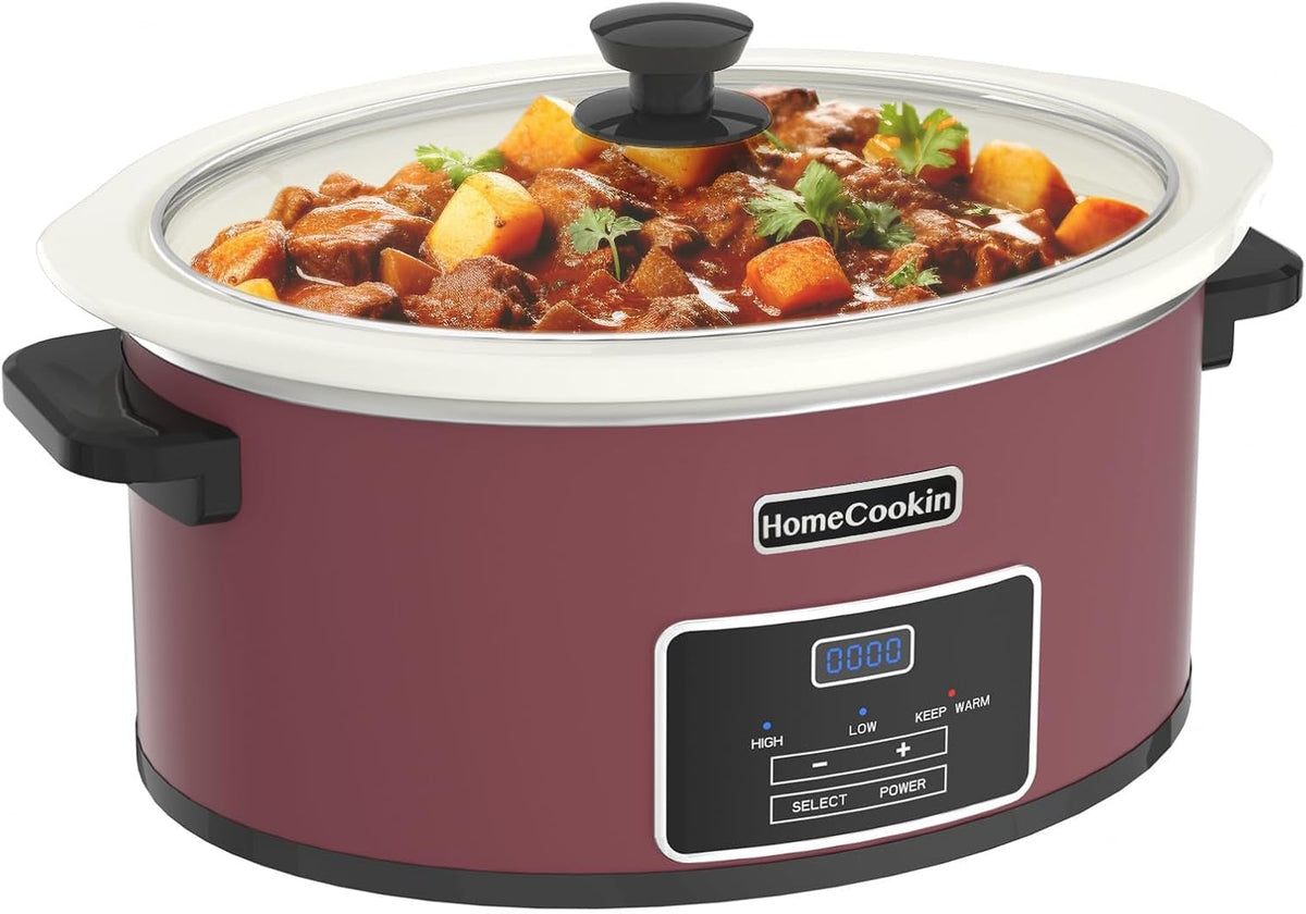 HOMECOOKIN 8-Quart Programmable Slow Cooker with Timer Keep Warm - Small Kitchen Appliance for Family Dinners - Serves 6+ People (Red Shell + White Ceramic Liner)