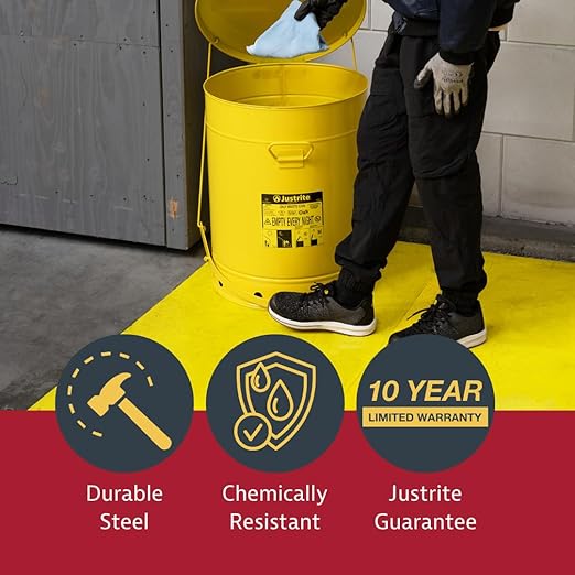 Justrite 6 Gallon Galvanized Steel Oily Waste Can, 16" x 12" Metal Oil Rag Safety Can With Foot Operated Self-Closing Lid for Oil Rag Disposal, Made in the USA, Yellow, 09101