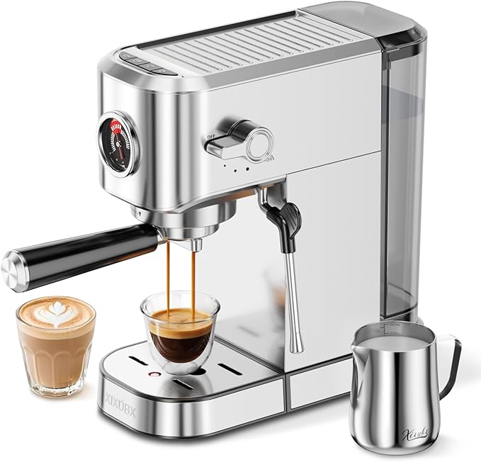 XIXUBX 20Bar Espresso Machine, Compact Espresso Maker with Milk Frother, Stainless Steel Coffee Machine for Cappuccino&Latte, 42oz Water Tank, Visible Pressure Gauge, Home&Office, Silver