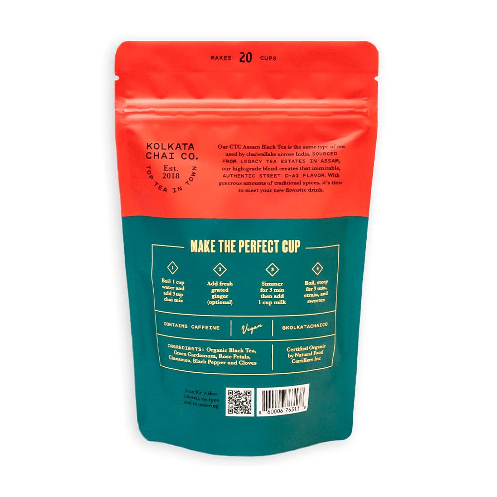 Kolkata Chai Rose Masala Chai mix, 100% Organic Black Tea, Makes 20 cups, Premium loose leaf tea and spice blend, All Natural, 4.23 oz