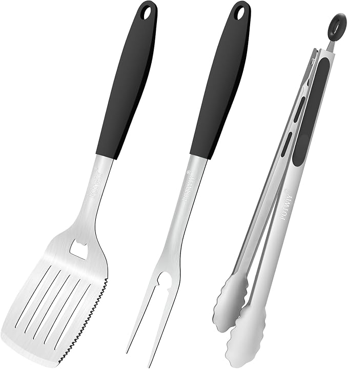 BBQ Grilling Accessories, 3Pcs Stainless Steel Grill Tools Accessories Set with Spatula, Fork and Tongs, Barbecue Utensils Grilling Tools for Outdoor Camping, Heat-Resistant Silicone Handle