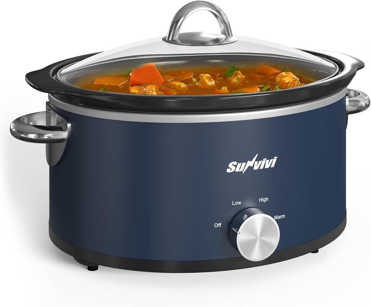 Sunvivi 3 Quart Slow Cooker & Mini Food Warmer with 3 Heating Settings, Removable Ceramic Pot, Dishwasher Safe Glass Lid, Stainless Steel, Blue