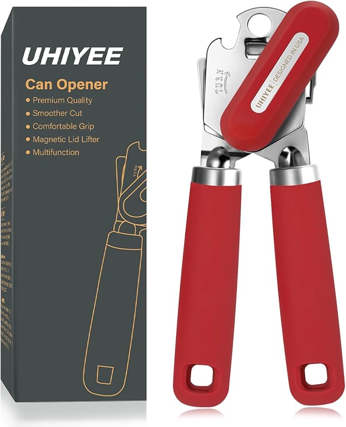 Can Opener Manual, UHIYEE Hand Held Manual Can Openers Heavy Duty with Smoother Cut Sharp Blade, Manual Hand Can Open with Soft Handle, Easy to Turn Knob, Magnetic Lid Lifter, Red