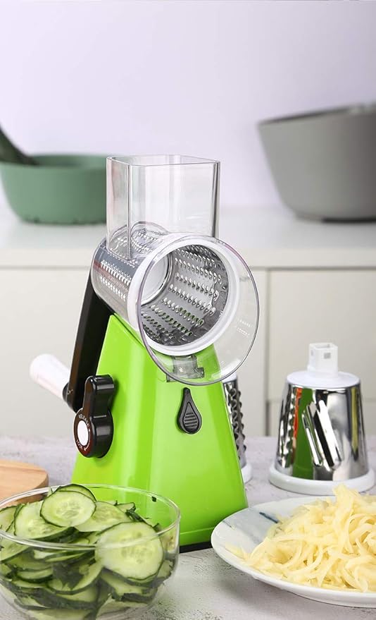 Manual Rotary Potato Grater Kitchen Mandoline Vegetable Slicer，with 3 Interchangeable Blades，Easy to use (Green)