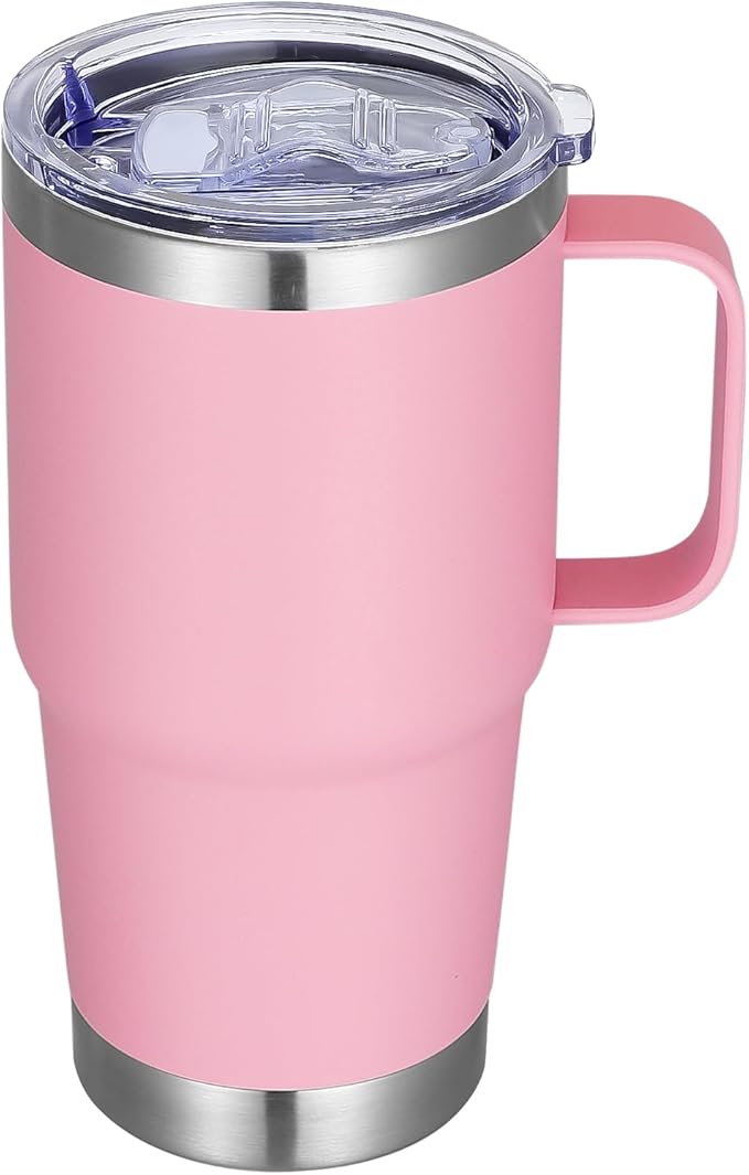20 oz Stainless Steel Tumbler with Handle Metal Insulated Coffee Travel Mug with Handle Double Wall Tumbler Cup with Handle and Lid, Pink 1 Pack