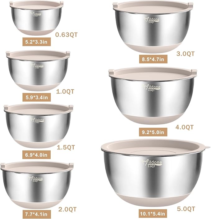 Wildone Mixing Bowls with Airtight Lids, 27 PCS Stainless Steel Nesting Bowls, with 3 Grater Attachments, Scale Mark & Non-Slip Bottom, Size 5, 4, 3, 2, 1.5, 1, 0.63QT, Ideal for Mixing & Prepping
