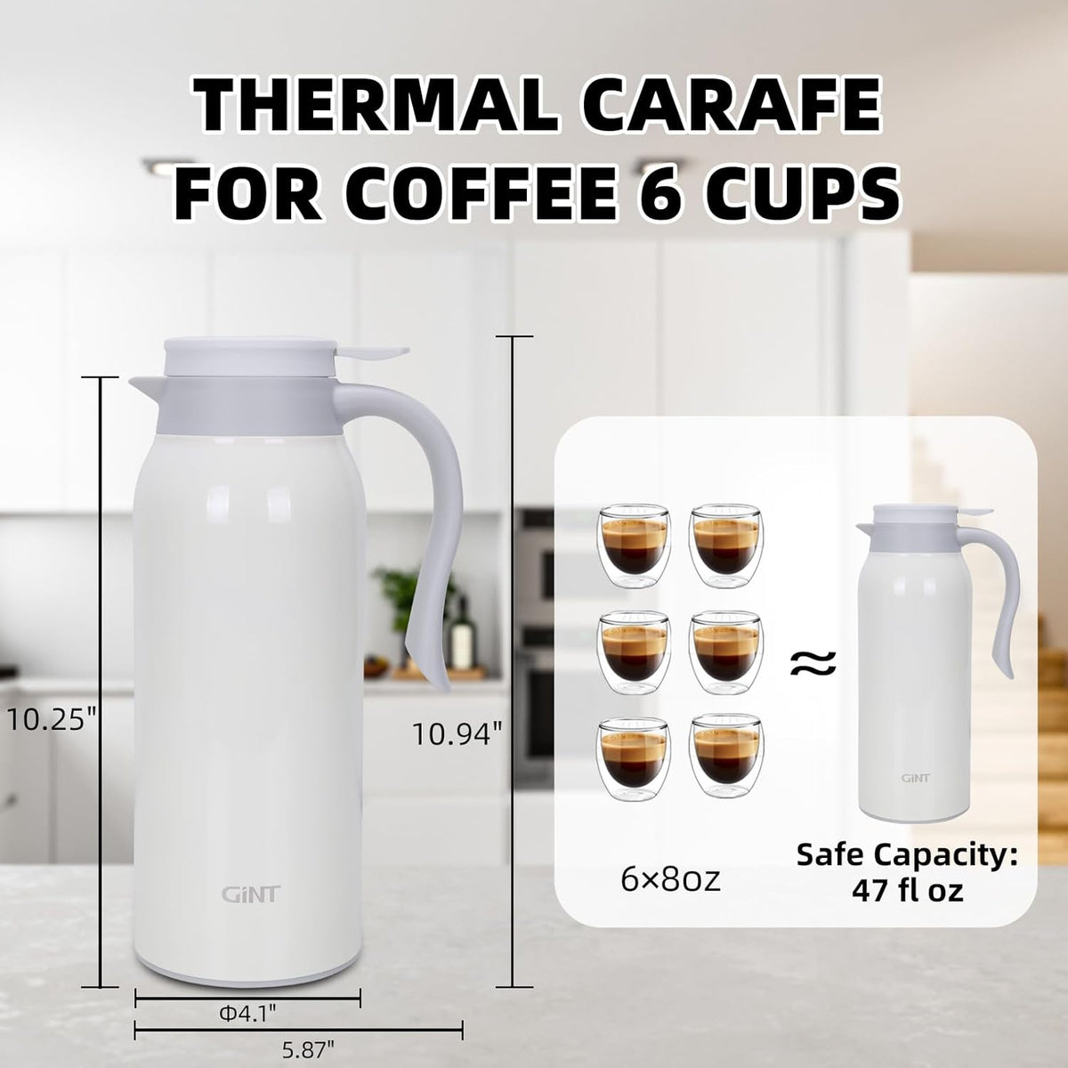 GiNT 51 Oz Stainless Steel Thermal Coffee Carafe, Double Walled Vacuum Insulated Flask, 12 Hour Heat Retention, 1.5 Liter Tea, Water, and Coffee Dispenser (Upgraded version White)