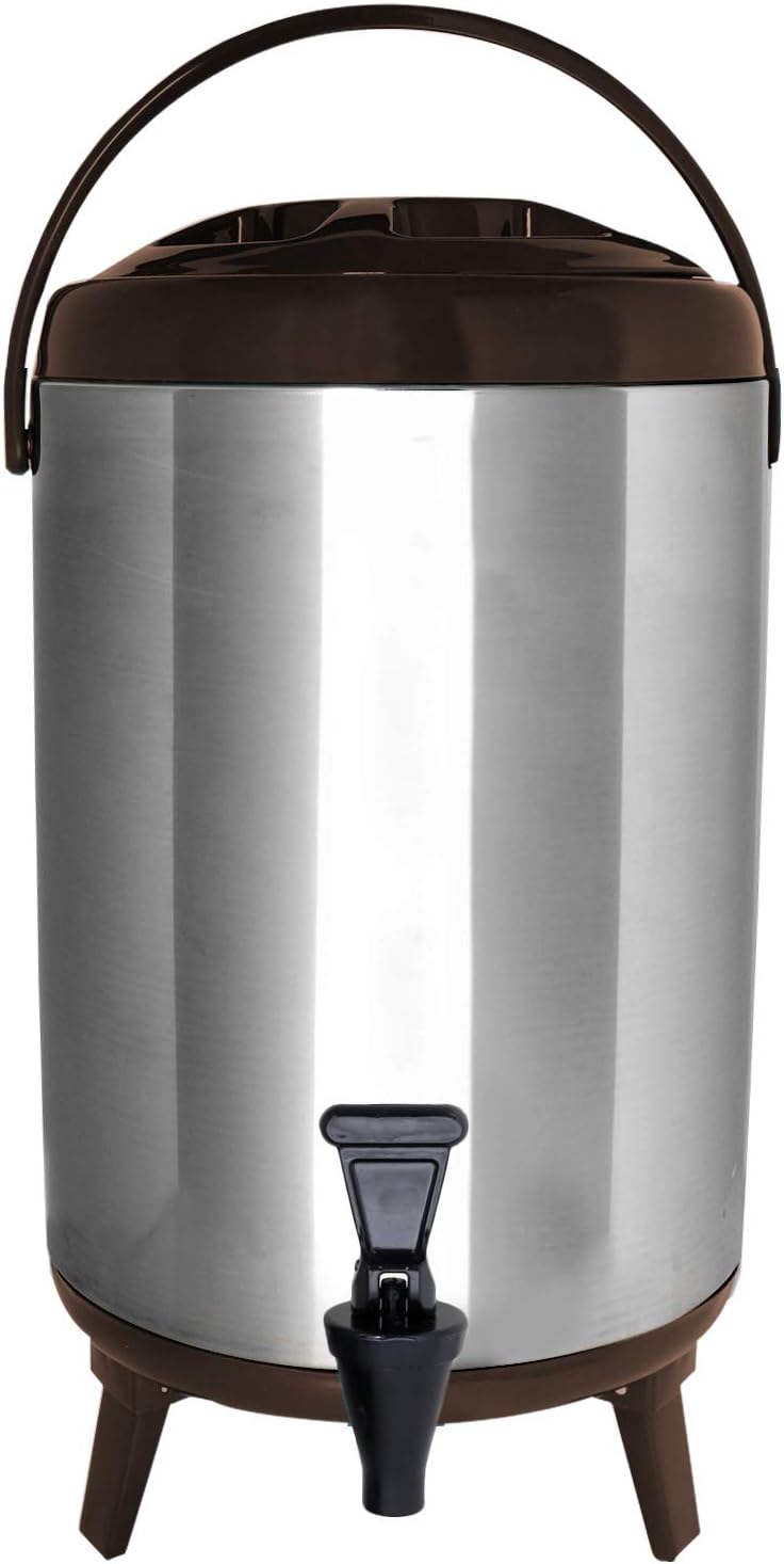 Stainless Steel Insulated Beverage Dispenser – Insulated Thermal Hot and Cold Coffee Carafe – 10 Liter Drink Dispenser with Spigot for Hot Water, Tea & Coffee, Cold Milk, Juice & More BROWN