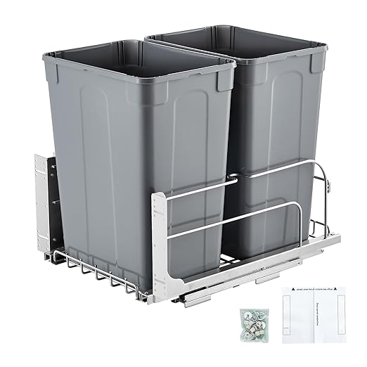 VEVOR Pull-Out Trash Can, 35 QT x2 Double Under Mount Kitchen Waste Container, Heavy Duty Garbage Recycling Bin with Door Kit and Soft Close Slide, for Kitchen Cabinet, Sink, Under Counter (Grey)