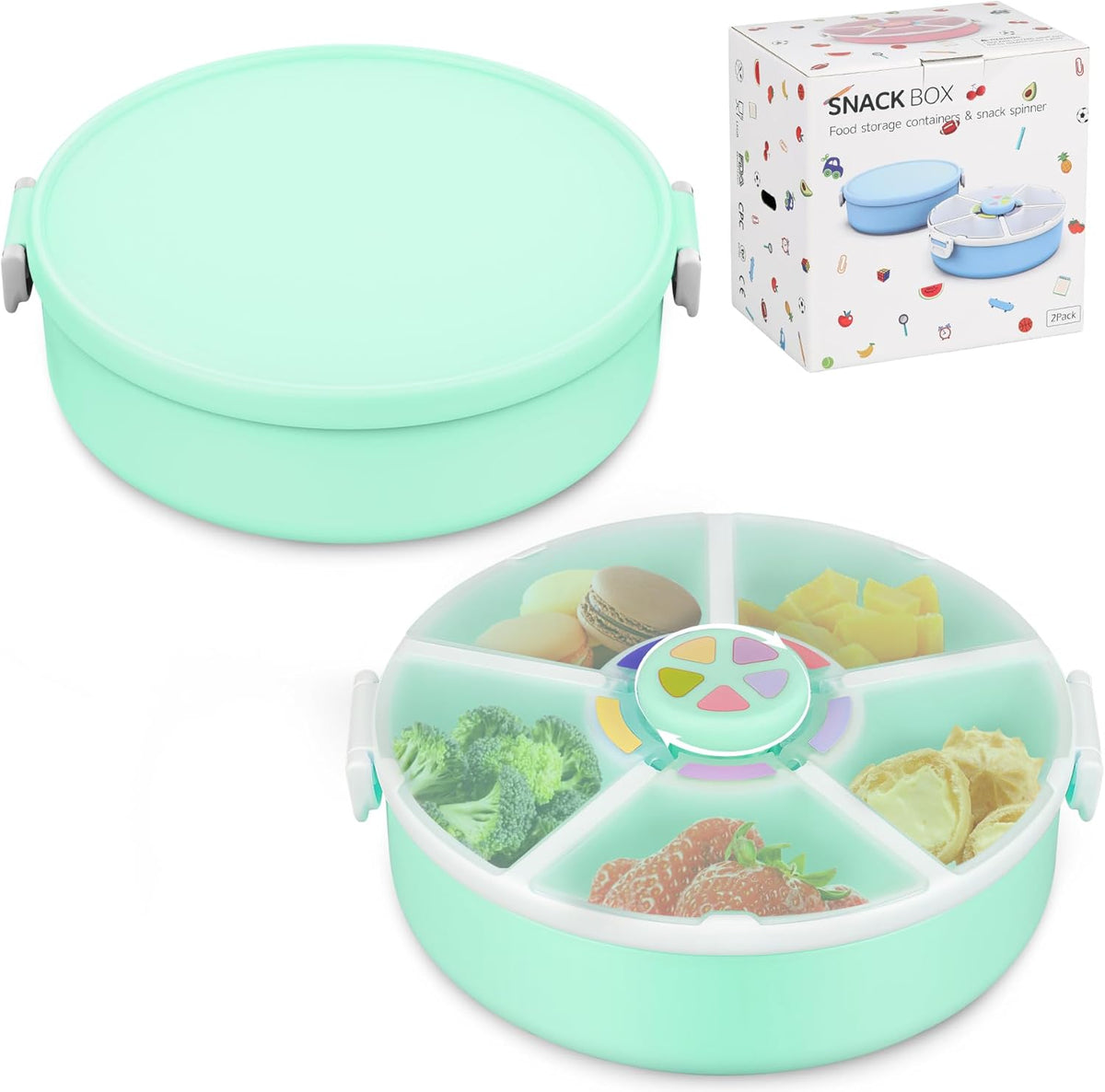 Snack Spinner Set for Kids – 2-Pack, Includes Rotating Snack Container & Classic Sectioned Snack Box, BPA-Free, Dishwasher Safe, Perfect for Travel, Green