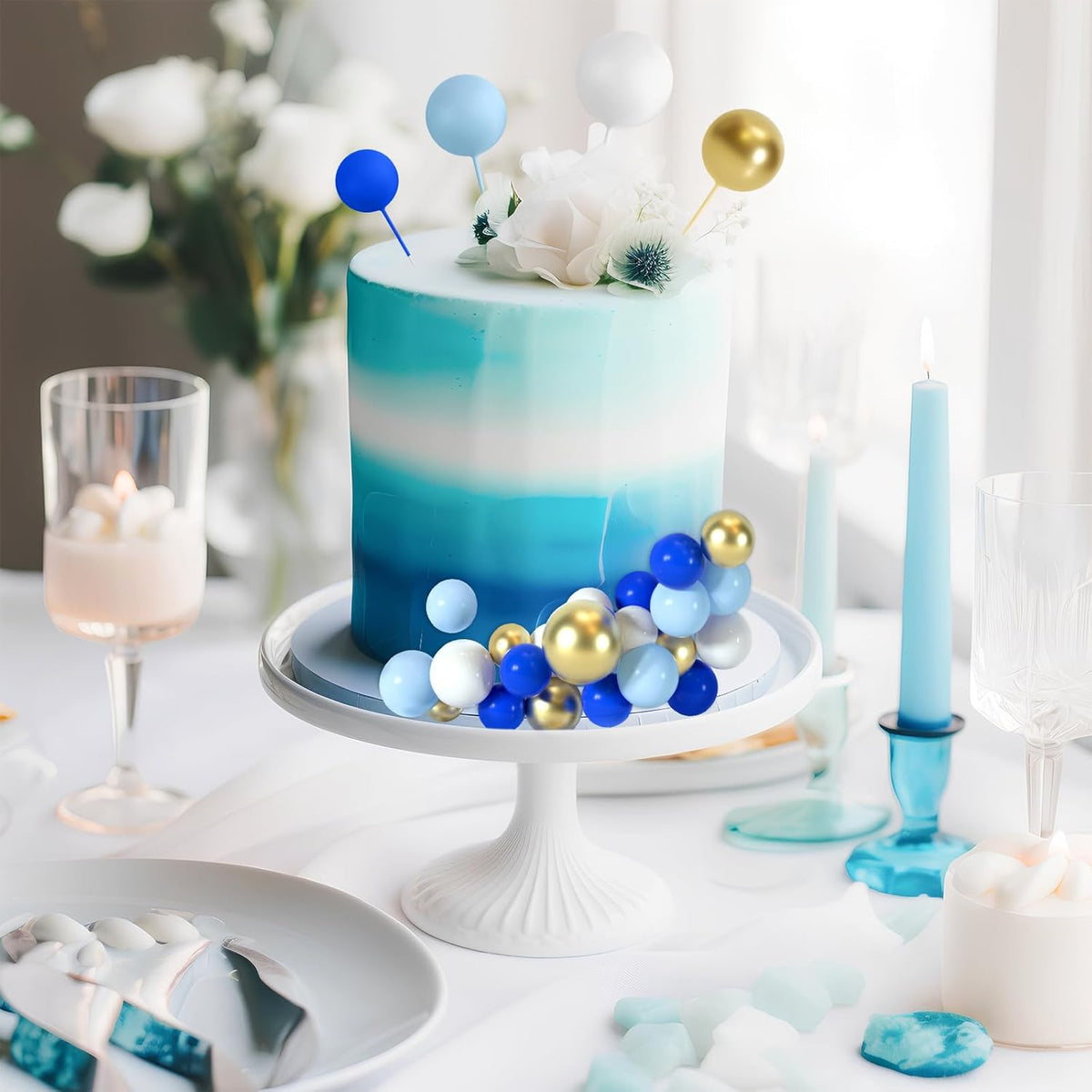 48 Pcs Balls Cake Topper Decorations Balloon Cupcake Toppers Foam Cake Topper Balls Cake Balls Decorations for Birthday Party Wedding Cake Decorating (Royal Blue, Light Blue, White, Gold)