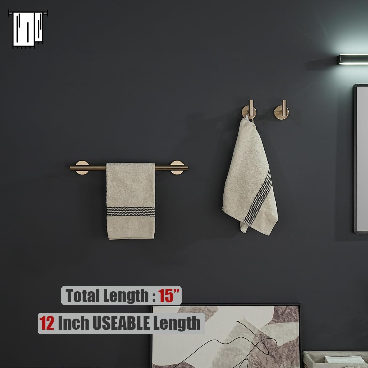 JQK Champagne Bronze Towel Bar, 15 Inch 304 Stainless Steel Thicken 0.8mm Towel Rack Bathroom, Towel Holder Wall Mount, Useable Length 12 Inch, TB110L12-CB
