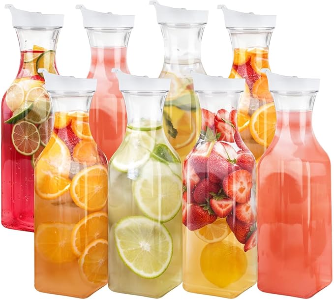 GUSTO [50 oz - 8 Pack] Plastic Carafe with Lid, Large Capacity Square Base - Clear Pitcher with Flip Top Lid, Easy-Pour Spout Juice Containers with Lids - Perfect for Mimosa Bar, Water, and Cold brew