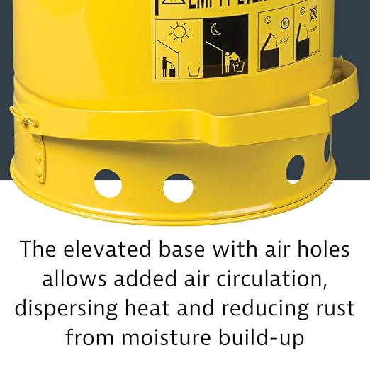 Justrite 6 Gallon Galvanized Steel Oily Waste Can, 16" x 12" Metal Oil Rag Safety Can With Foot Operated Self-Closing Lid for Oil Rag Disposal, Made in the USA, Yellow, 09101