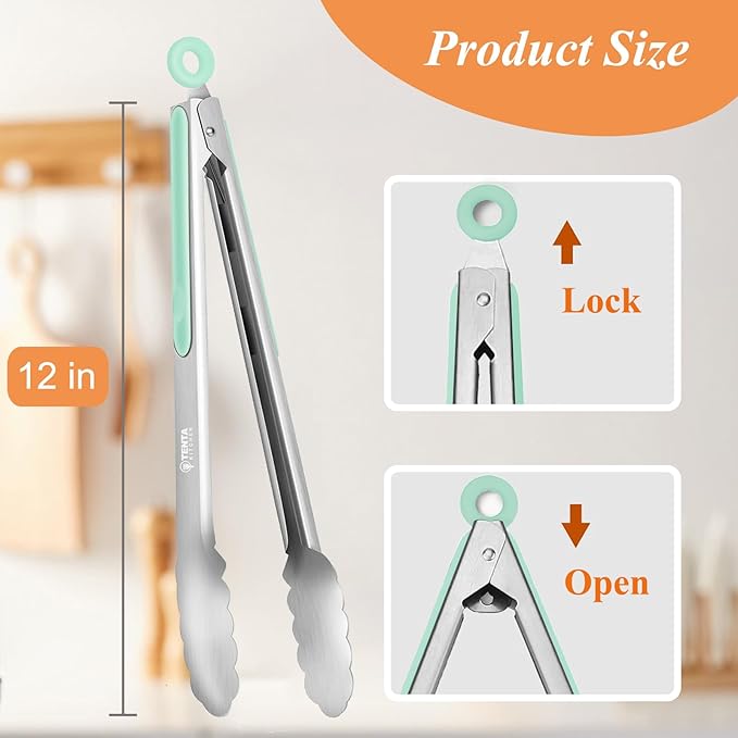 Tongs for Cooking, 12-Inch Stainless Steel Kitchen Tongs, Locking Metal Food with Silicone Non-Slip Grip, Kitchen Utensils for Food, Salad and Outdoor BBQ, Set of 4 (Mint Green)