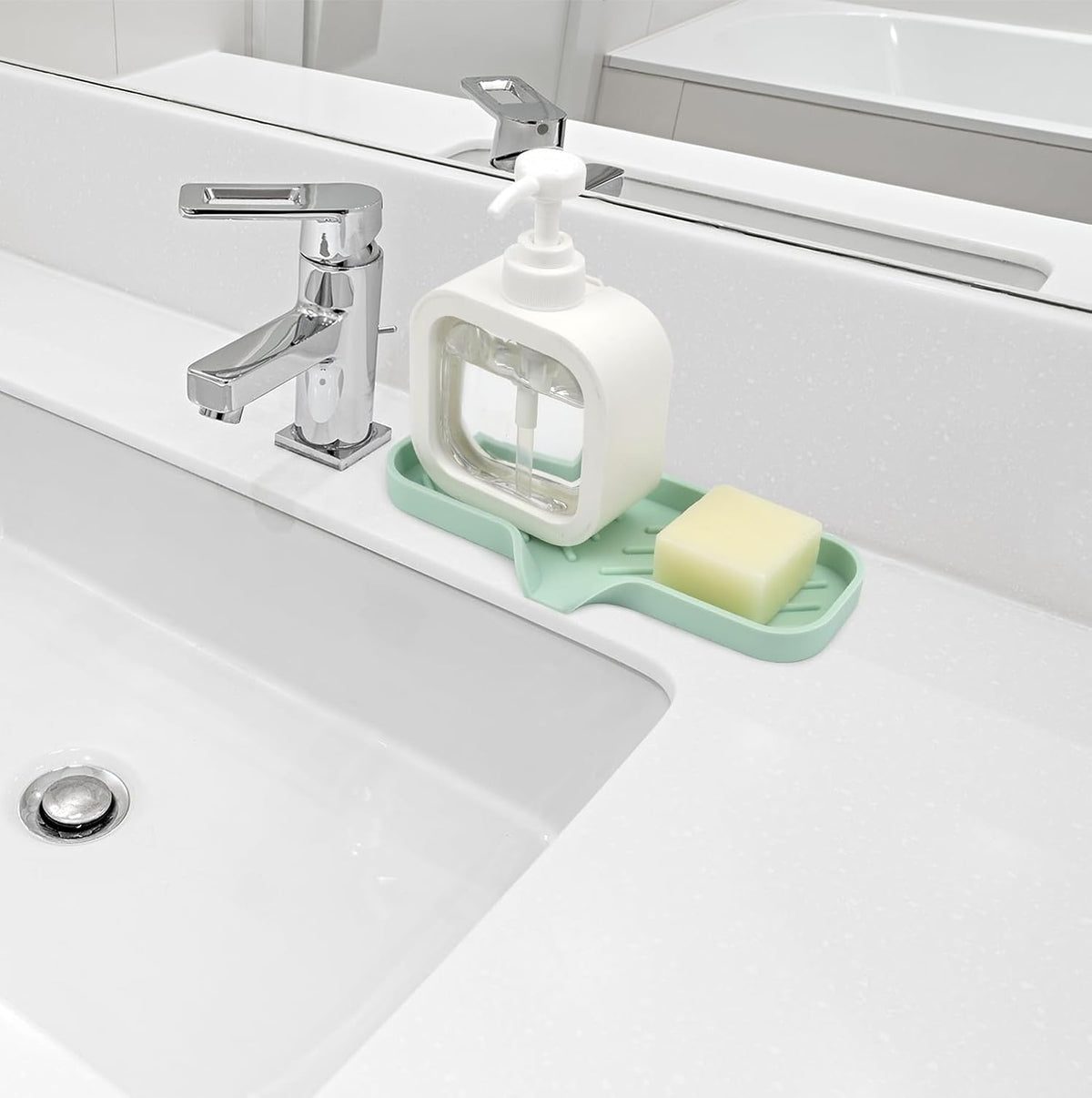 YASMEN Silicone Bathroom Soap Dishes, Sink Sponge Holder for Kitchen, Rubber Soap Dish with Drain, Shower Soap Sponge Tray, Sink or Counter Organizer, for Bar Soap, Bottle, Dish Soap Dispenser- Green