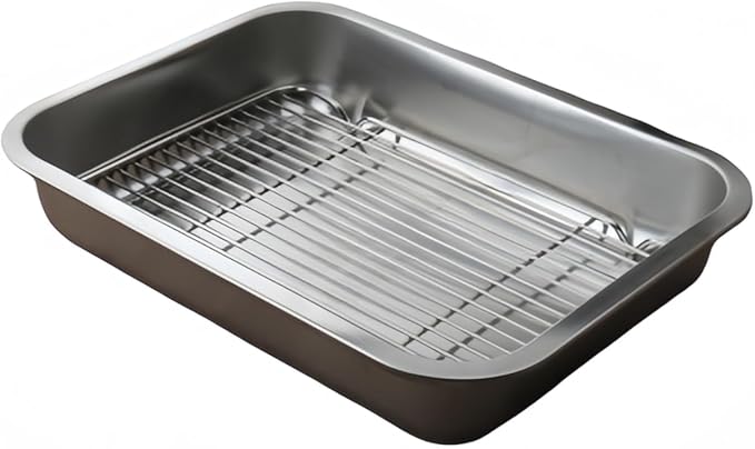 Roasting Pan Heavy Duty Stainless steel Turkey Pans for Oven,Toaster Oven Tray Pans with cooling rack,Hotel Pan, Barbeque Grill Pan,Deep Edge,Mirror treatment, Dishwasher Safe (14"x10.4"x2.8")