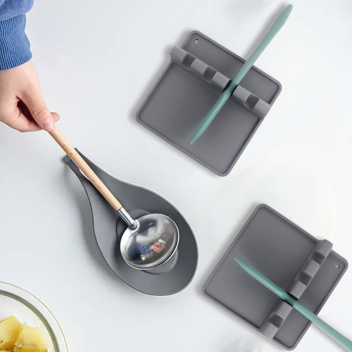 Kitchen Silicone Utensil Rest with Drip Pad-BPA-Free, Durable Spoon Rest-Heat-Resistant Spoon Rest for Stove Top - Kitchen Gadgets &Grill Utensil Holder-Grey 3 Pcs