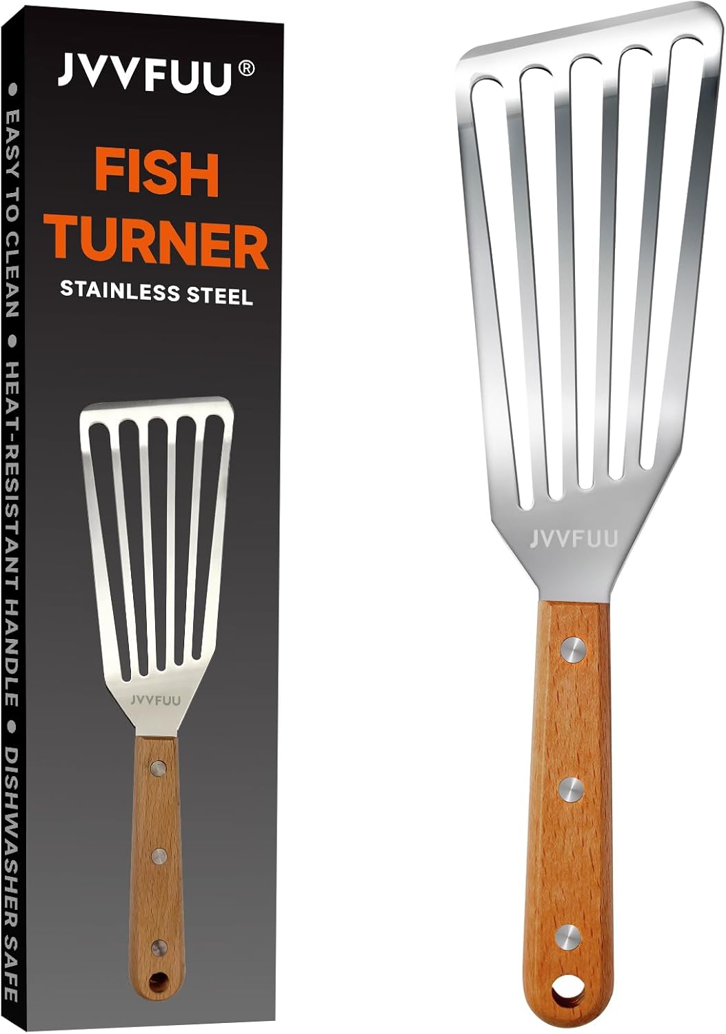 Fish Turner Spatula Stainless Steel, 11" Metal Slotted Spatula for Non Stick Pans, Grilling Salmon, Flipping Eggs & Pancakes,Easy to Clean,Heat-Resistant Wood Handle
