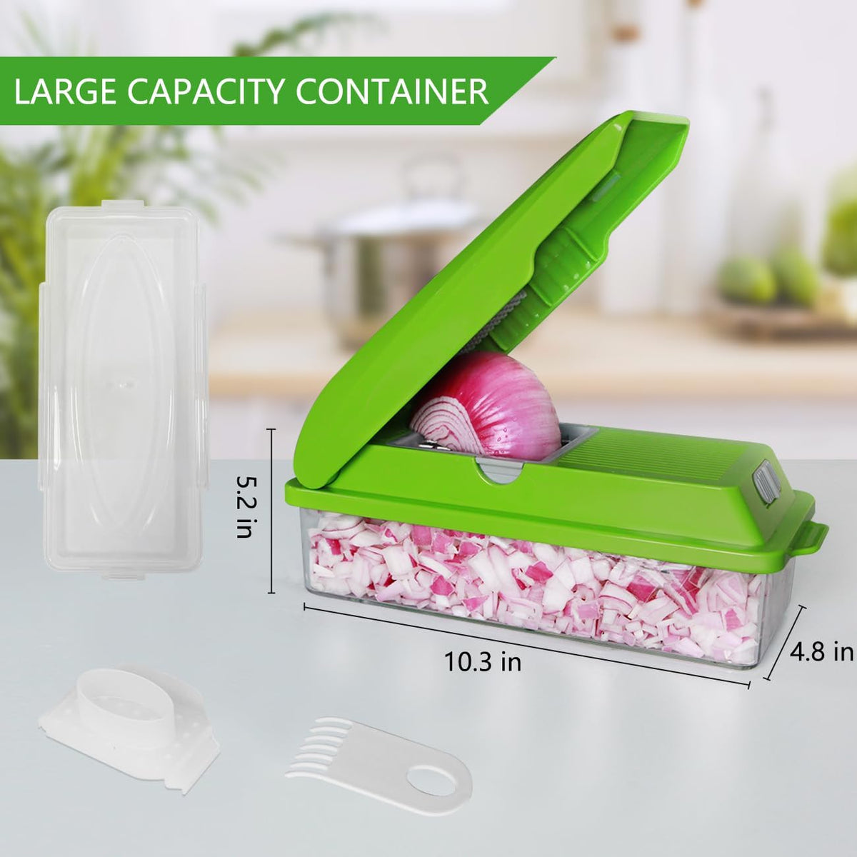 LHS Multifunctional Vegetables Chopper with Container, Manual Processor Cutter, Pro Onion Cutter, Vegetable Slicer Dicer Cutter with 3 Blades, Veggie Salp Chopper(6-in-1,Green)