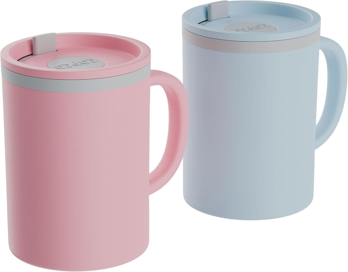 Copco Iconic 16oz Double Wall Insulated Desk Mug with Lid and Handle, Set of 2, BPA-Free Reusable Plastic, Spill-Proof, Microwave & Dishwasher Safe, Wide Mouth, Cup Holder Friendly (Light Blue/Pink)